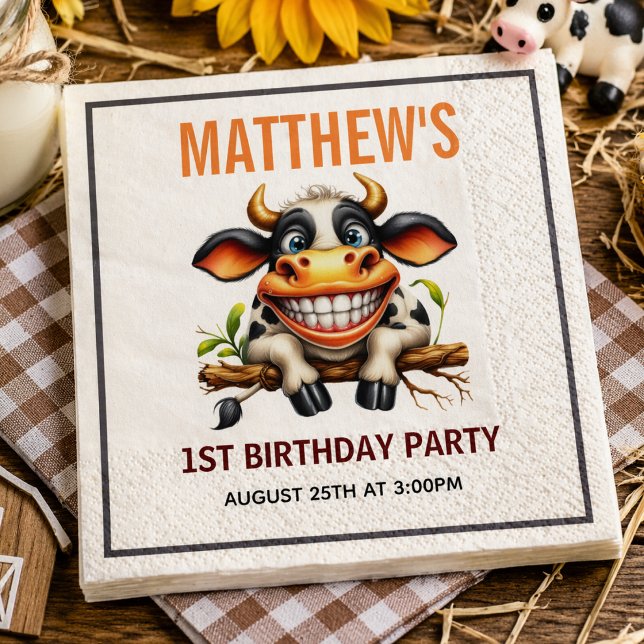 Sött Galet Ko Gård Tema 1-årsdag Pappersservett (Cute Crazy Cow Farm Theme 1st Birthday paper napkins)