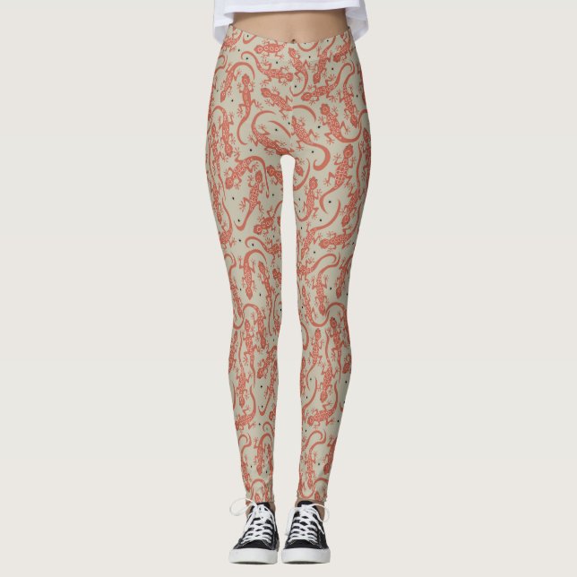Sött Gecko-ödlemönster i Terrakotta & Beige Leggings (Framsida)