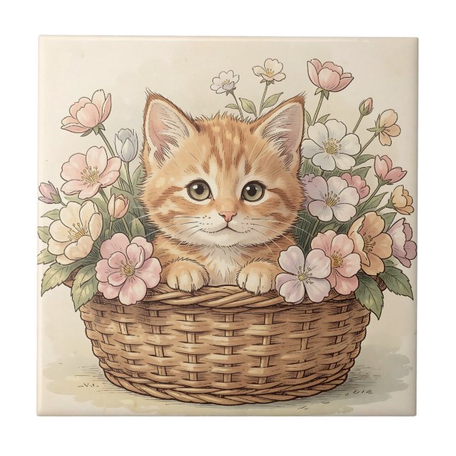 Sött Ginger-kattunge Blombukett Kakelplatta (Framsidan)