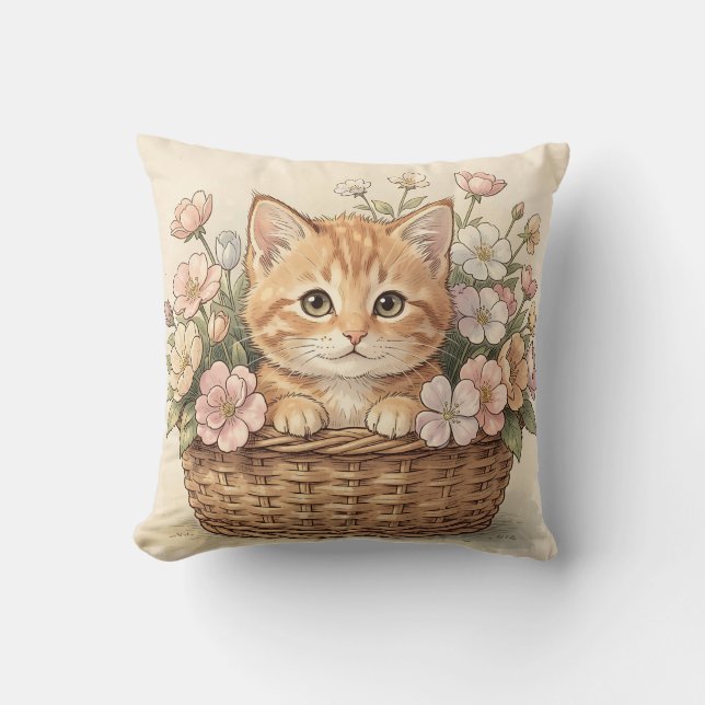 Sött Ginger-kattunge Blomsterkorg Kudde (Framsida)