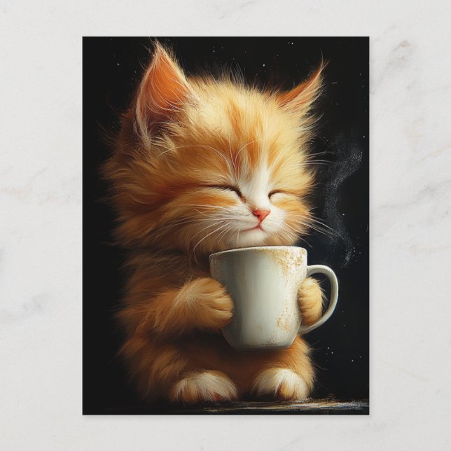 Sött Ginger Kattunge Med en Kaffe Vykort (Framsida)