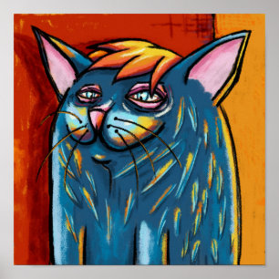 Sött Glad Blå Katt Digital Oljepastell Poster