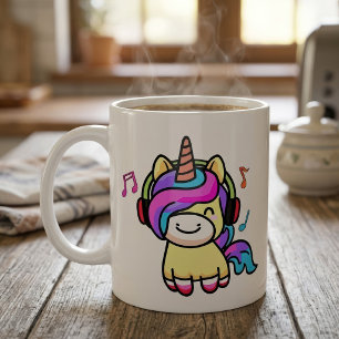 Sött Glad Kawaii Baby Enhörning med Hörlurar Kaffemugg