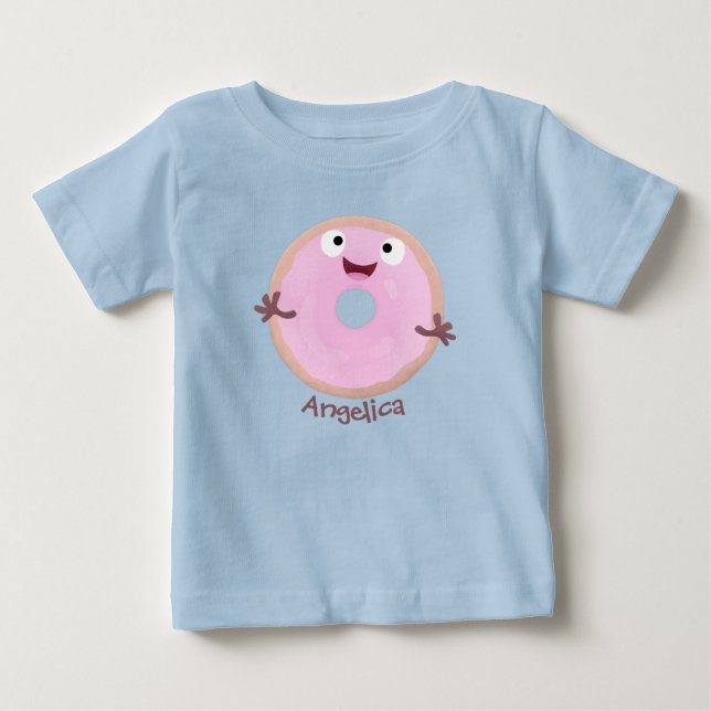 Sött glad rosa glaserat munk tecknad figur t shirt (Framsida)