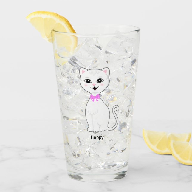 Sött Glad Vit Katt Tecknad Film Glaskopp (Framsida Ice)