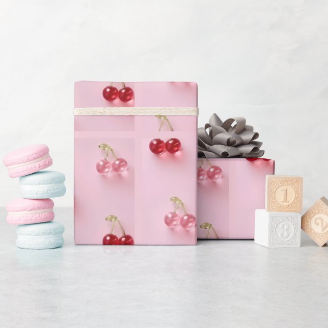 Sött glas körsbärsmönster rosa inpackningspapper presentpapper (Baby Shower)