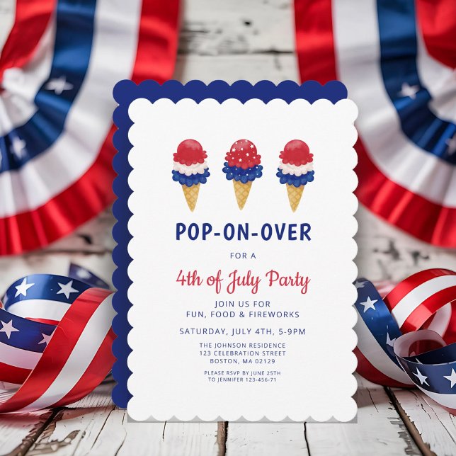 Sött glass Rött, Vitt Och Blått 4:e Juli Inbjudningar (Cute Ice Cream Red, White And Blue 4th of July Invitation)