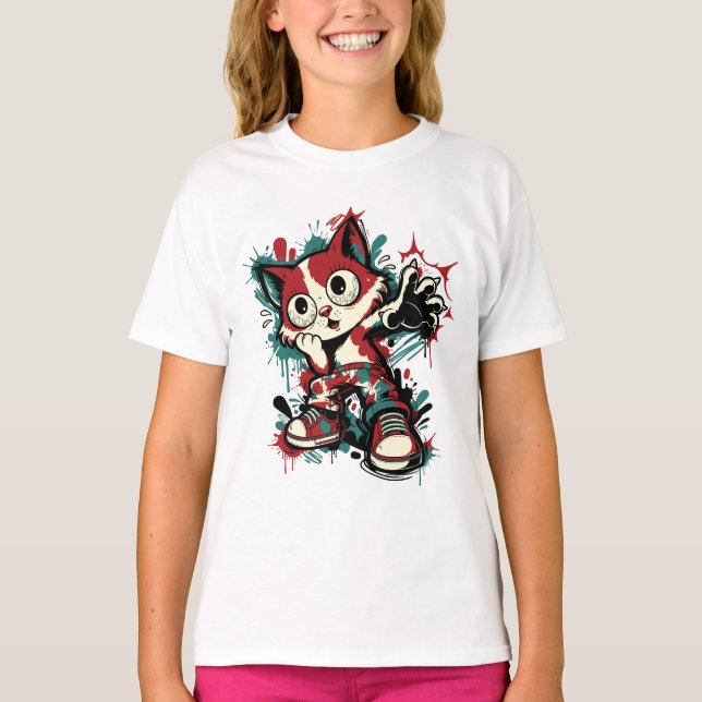 Sött Graffiti Katt Tecknad Film T Shirt (Framsida)