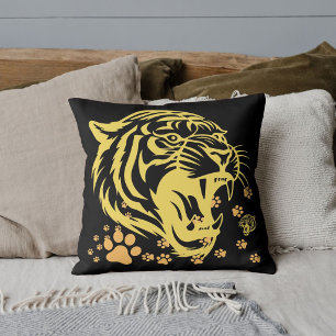Sött grafiskt safari-tigerhuvud rytande katt svart kudde