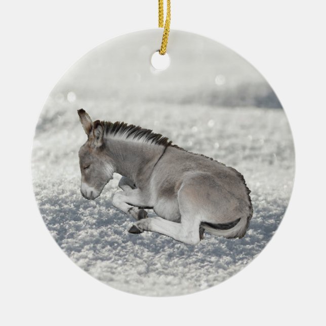 Sött grått babyåsnäbbfoal i snö julgransprydnad keramik (Framsidan)
