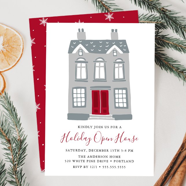 Sött grått hus med röd dörr Holiday Open House Inbjudningar (Skapare uppladdad)