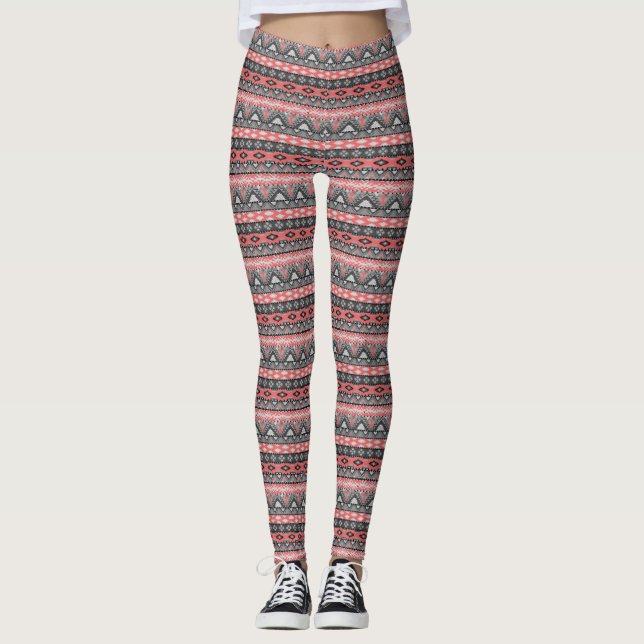 Sött grått rött aztekiskt mönsterdesign leggings (Framsida)