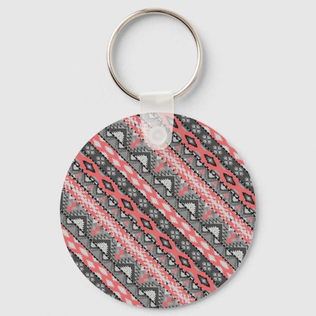 Sött grått rött aztekiskt mönsterdesign nyckelring (Framsida)