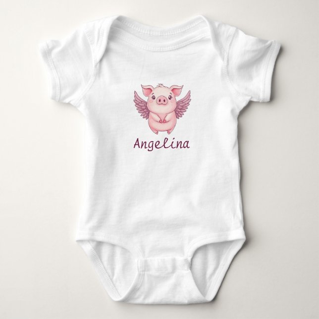 Sött Grisunge med Änglavingar Babynamn T Shirt (Framsida)