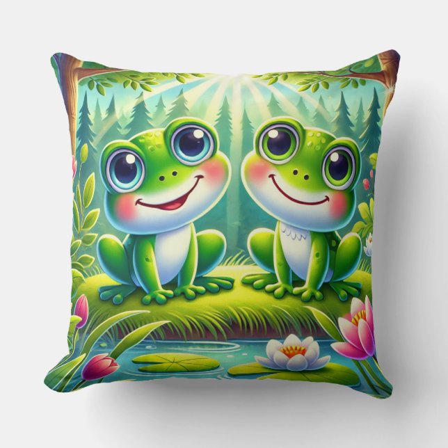 Sött Grönt Grodyrpar Trädgårds Whimsical Djur Kudde (Framsida)