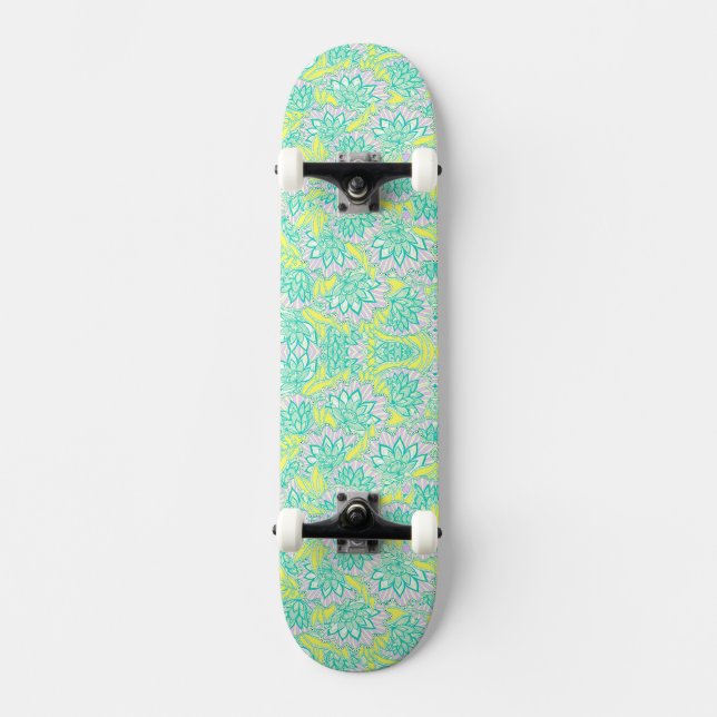 Sött grönt gult blommönster mini skateboard bräda 18,5 cm (Framsida)