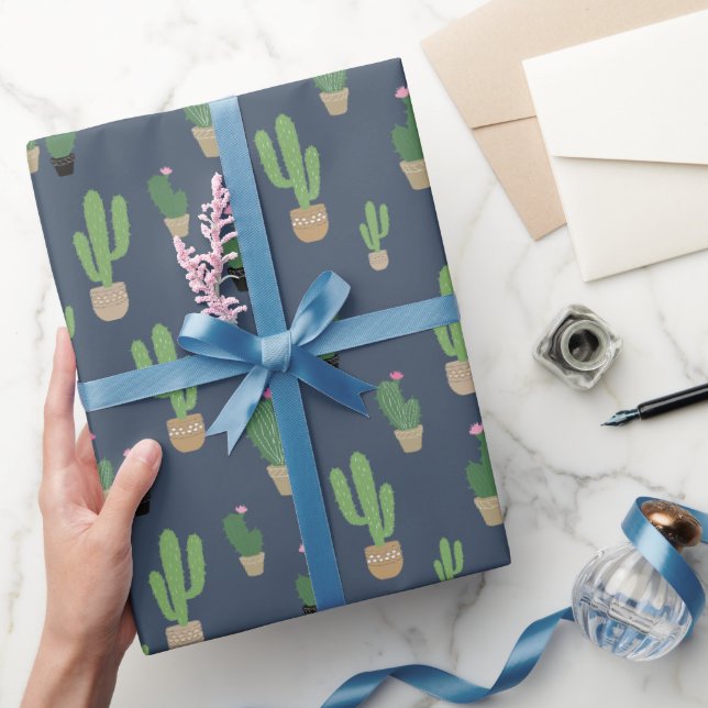 Sött grönt kaktusmönster på blått presentpapper (Gifting)
