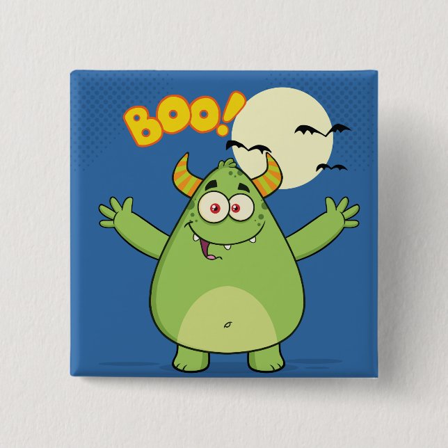 Sött Grönt Monster Halloween Boo Knapp (Framsida)