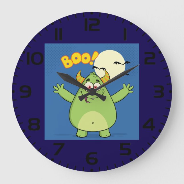 Sött Grönt Monster Halloween Boo Stor Klocka (Framsida)