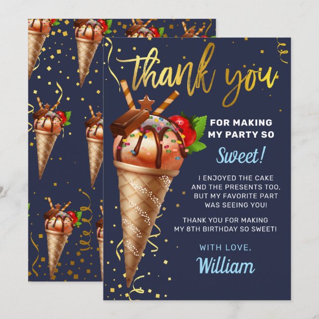 Sött Guld Chocolate Ice Cream Birthday Blue Tack Kort (Fram/baksida)