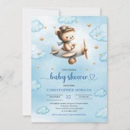 Sött guld flygplan björn tema pojke baby shower inbjudningar