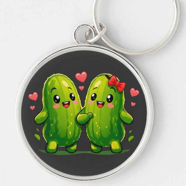 Sött gurka-par Rolig Kawaii-gurka design. Rund Silverfärgad Nyckelring (Framsidan)