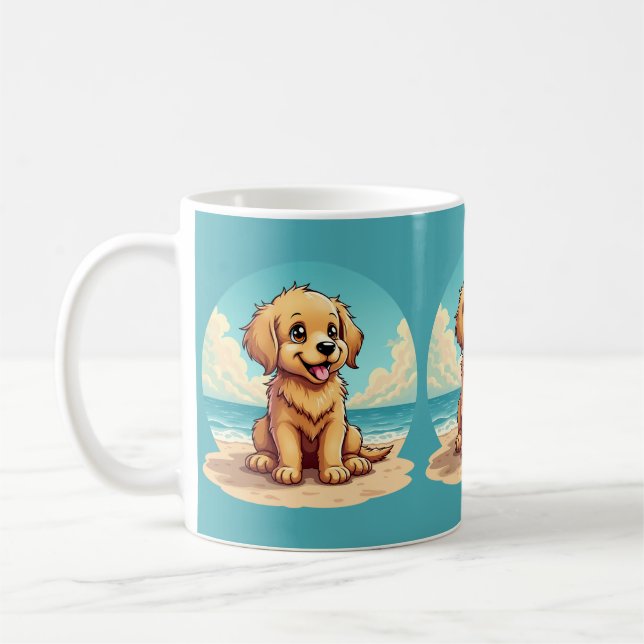 Sött gyllene valpscen vid solig strand kaffemugg (Vänster)