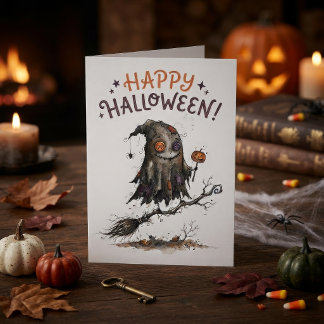 Sött Halloween-monster på kvast Kort
