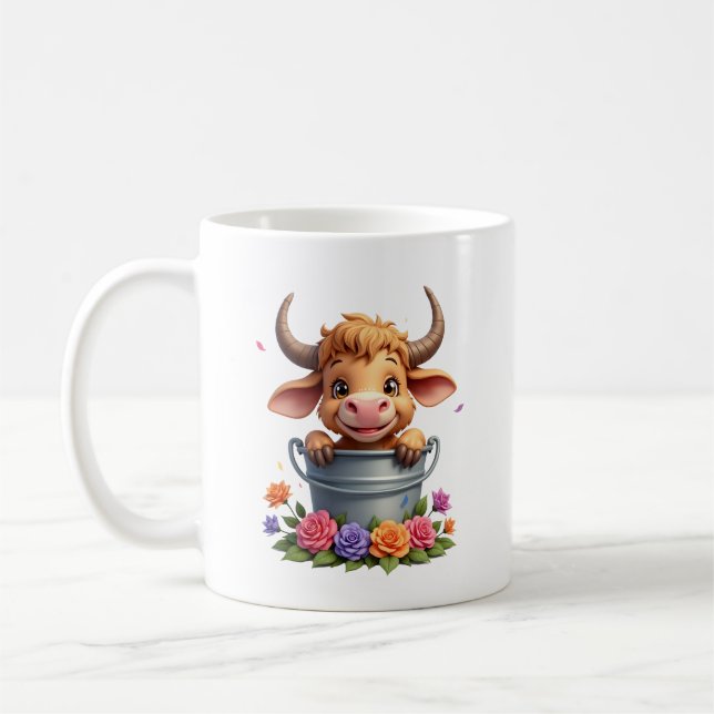 Sött Highland-kalv med blommor Kalv Djur ko Kaffemugg (Vänster)