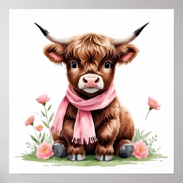 Sött Highland-kalv med blommor Poster (Framsidan)