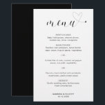 Sött hjärta Enkel Modern Bröllopsmeny<br><div class="desc">Modern bröllopsmeny med en enkel och minimalistisk design i svart och vitt med ordet "meny" i en elegant typografi och ett sött hjärta i slutet.</div>