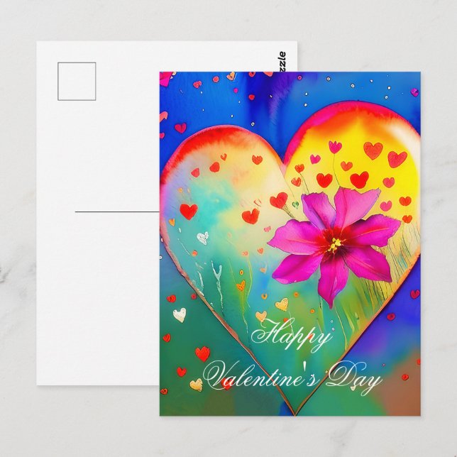 Sött hjärta och blomma valentin vykort (Fram/baksida)
