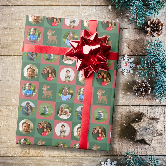 Sött hjortfoto jul presentpapper (Christmas wrapping paper with red and green squares, a cute deer, and space for 8 pictures)