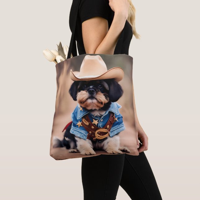 Sött hund i cowboy-dräkt tygkasse (Närbild)
