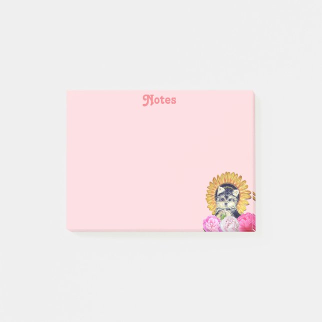 Sött hund med blommor på rosa post-it block (Framsida)