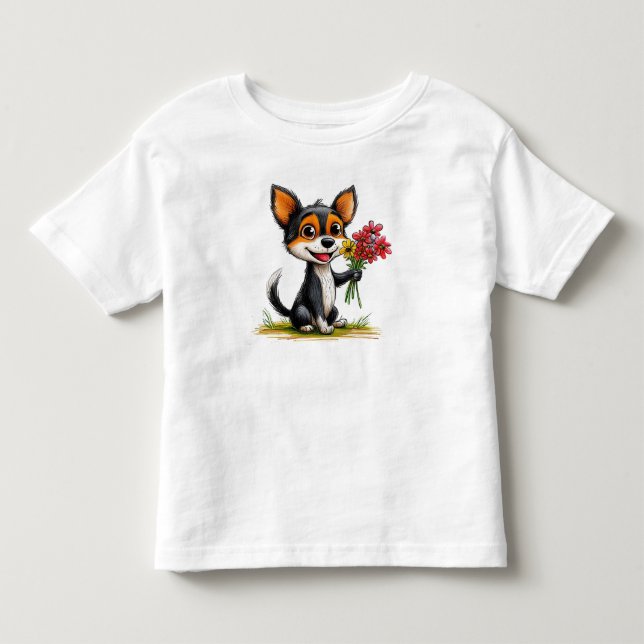 Sött Hund Med Blommor Present Till Barn T Shirt (Framsida)