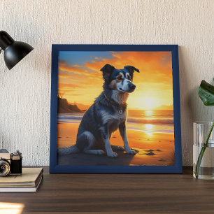 Sött Hund på Strand vid Solnedgång Poster