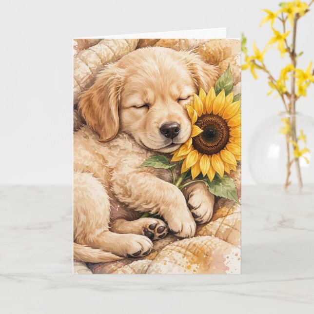 Sött hund sover med en solros tom kort (Gul blomma)