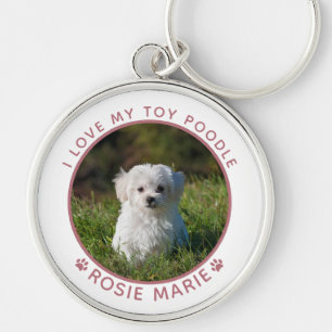 Sött Hundfoto Namn Rosa Tassavtryck Personligt Rund Silverfärgad Nyckelring