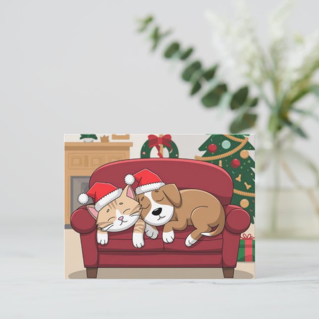 sött hundkatt julhatt jul vykort (Stående Fram)