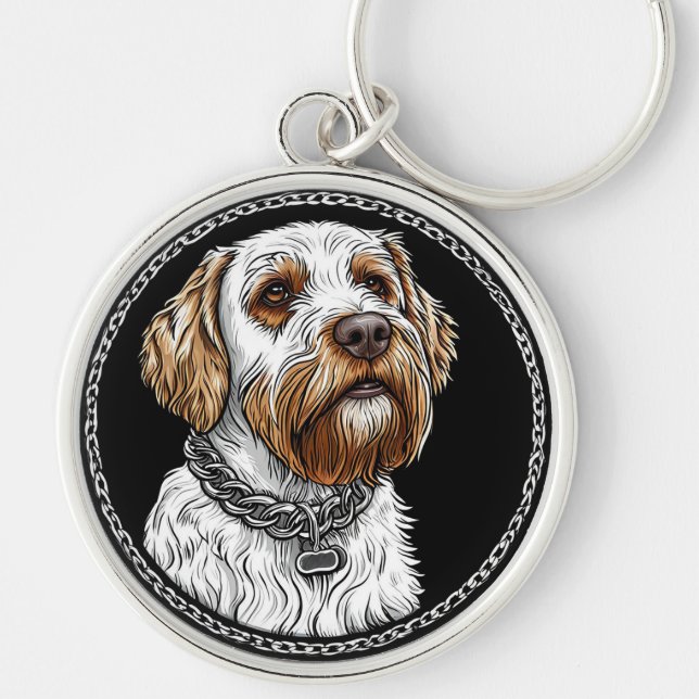 Sött hundporträtt rund silverfärgad nyckelring (Framsidan)