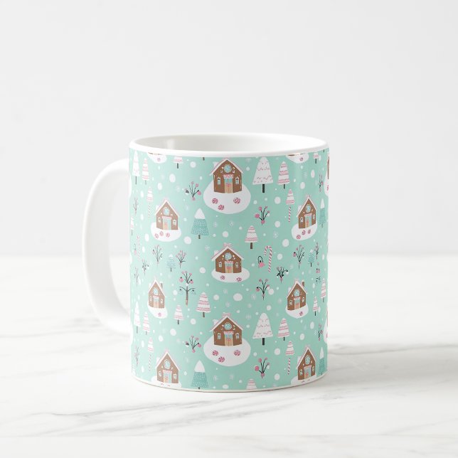 Sött hus av pepparkakor. Julmönster i mintgrön fär Kaffemugg (Skapare uppladdad)