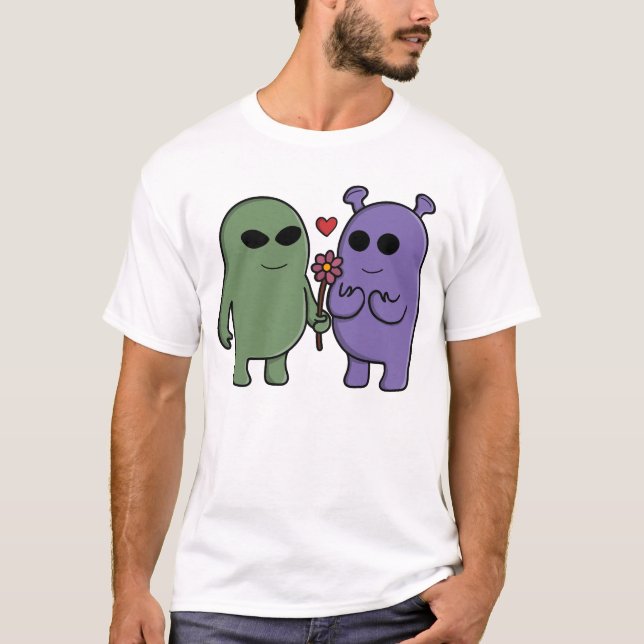 Sött intergalaktiskt par av utomjordingar t shirt (Framsida)