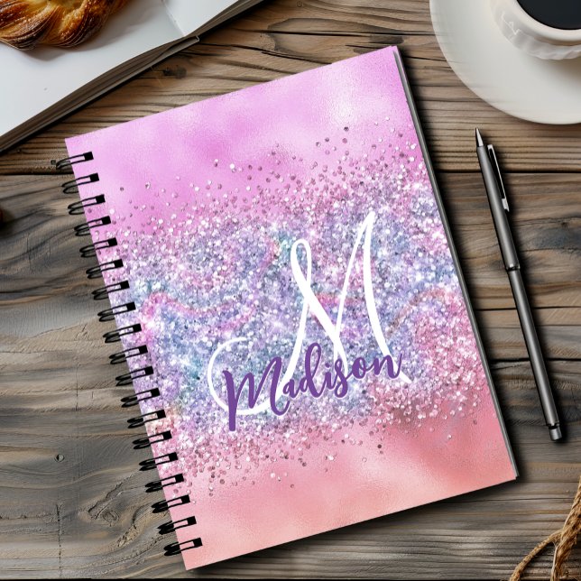 Sött iriserande enhörnings-ombre-glittermonogram anteckningsbok (Skapare uppladdad)