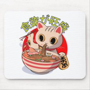 Sött japanskt katt som äter nudlar med ätpinnar musmatta