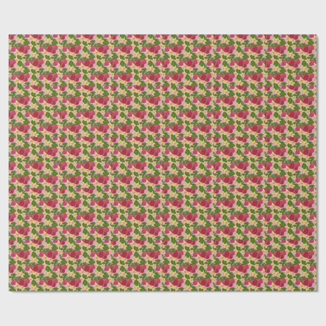 Sött jordgubbs- och blommönstrat canvas  presentpapper (Platt)