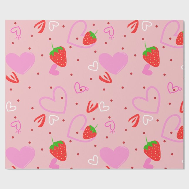 Sött jordgubbs- och hjärtmönster presentpapper (Platt)