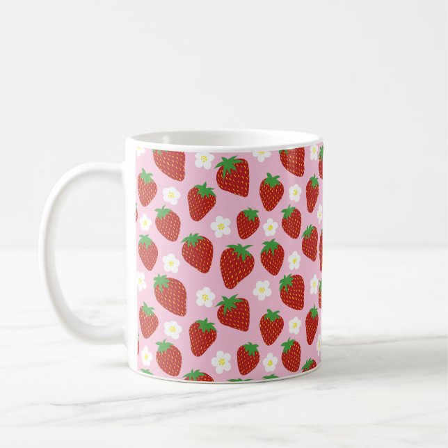 Sött jordgubbsmönster på rosa bakgrund kaffemugg (Vänster)