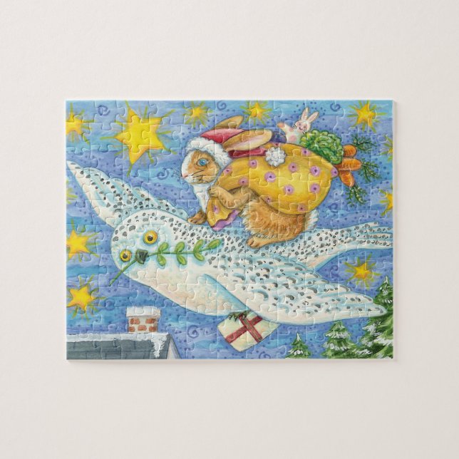 Sött jul med kanin som tomte på uggla pussel (Horisontell)