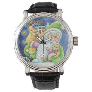 Sött jul, tomte i skorsten med leksaker armbandsur